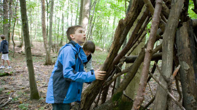 Zwei Jungen bauen eine Hütte im Wald